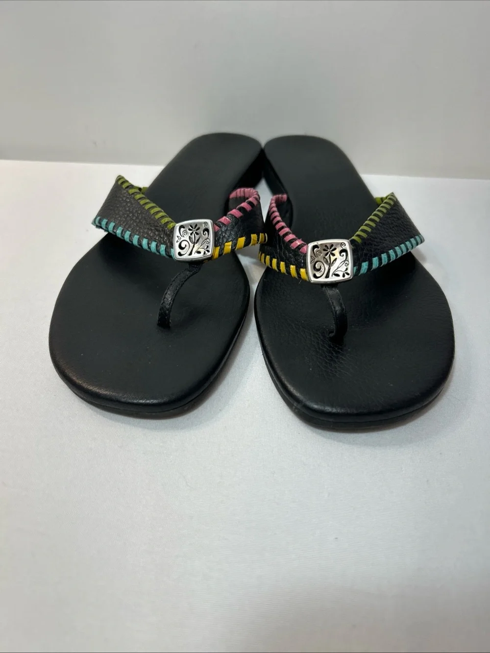 Brighton Black Flip Flop Sandals with Multicolor Stitching